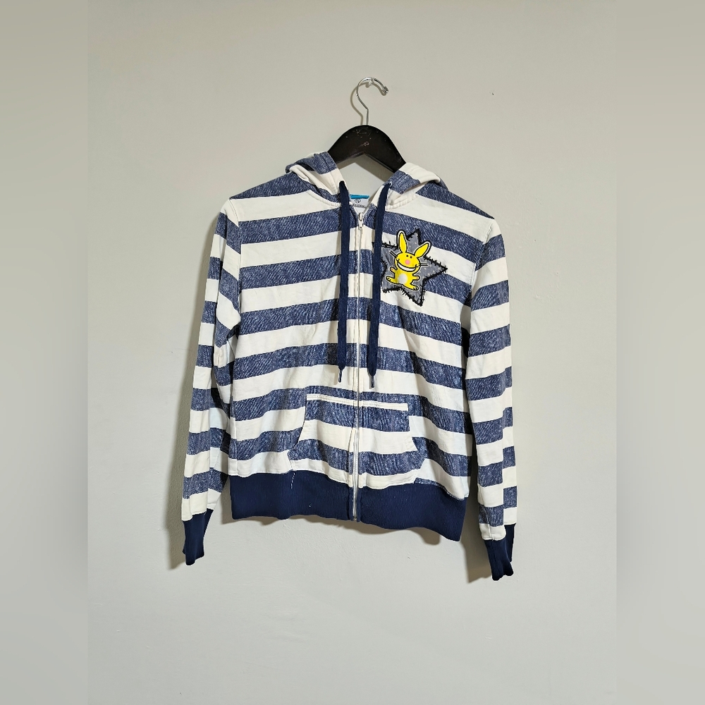 Vintage Happy Bunny Blue Striped Hoodie Size Large